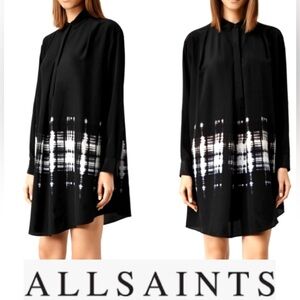 All Saints Silk Shirt Raina Hex Shirt Dress Oversized Abstract Print Black
